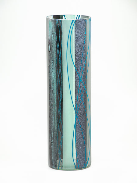 Handmade decorated vase | Blue Glass vase for flowers | Cylinder Vase | Interior Design | Home Decor | Large Floor Vase 16 inch
