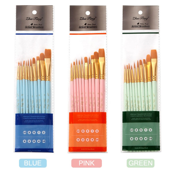10 Pack Paint Brushes Set Wooden Handle for Art Acrylic Gouache Oil Watercolor Artist Canvas Synthetic Nylon Tips|Paint Brushes|