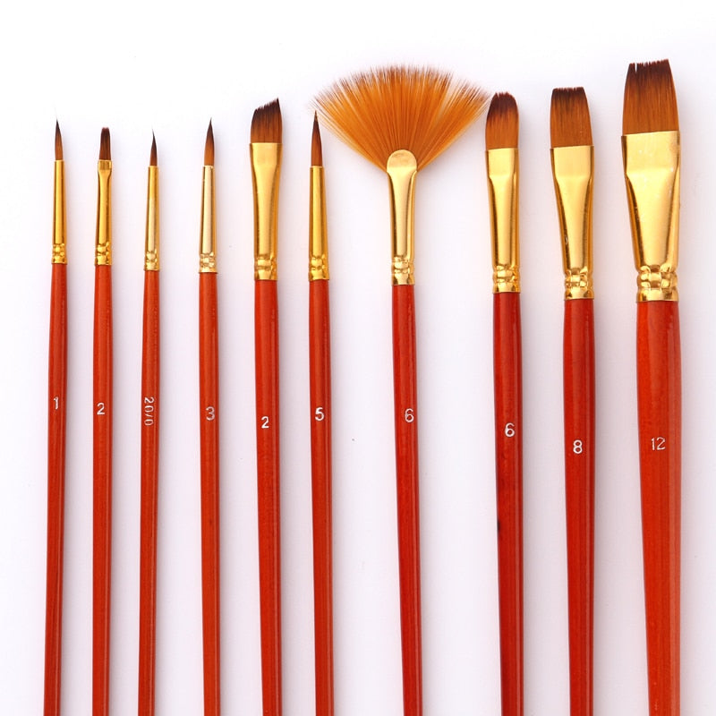 10Pcs Paint Brushes Set Nylon Hair Painting Brush Short Rod Oil Acrylic Brush Watercolor Pen Professional Art Supplies|Paint Brushes|