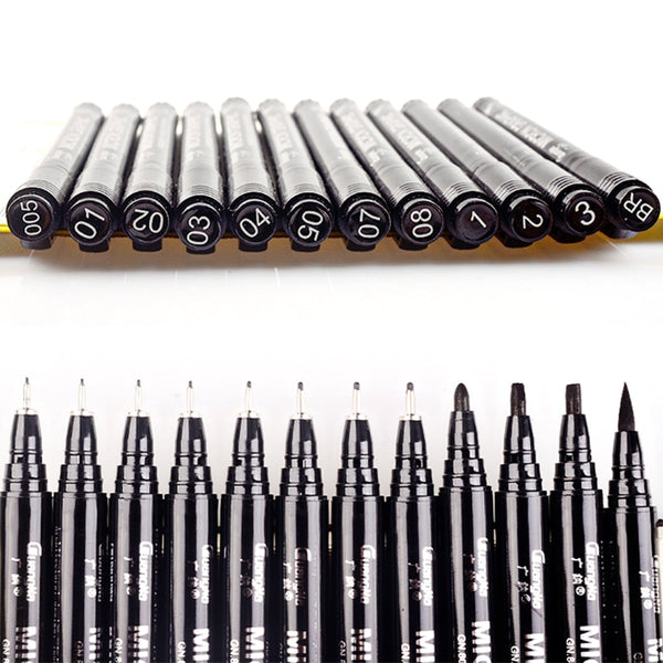 12pcs/set Black Pigment Liner Neelde Water proof Micron PenTip Fine Liner Sketching Hook Art Pen Marker Pen for Manga|Art Markers|