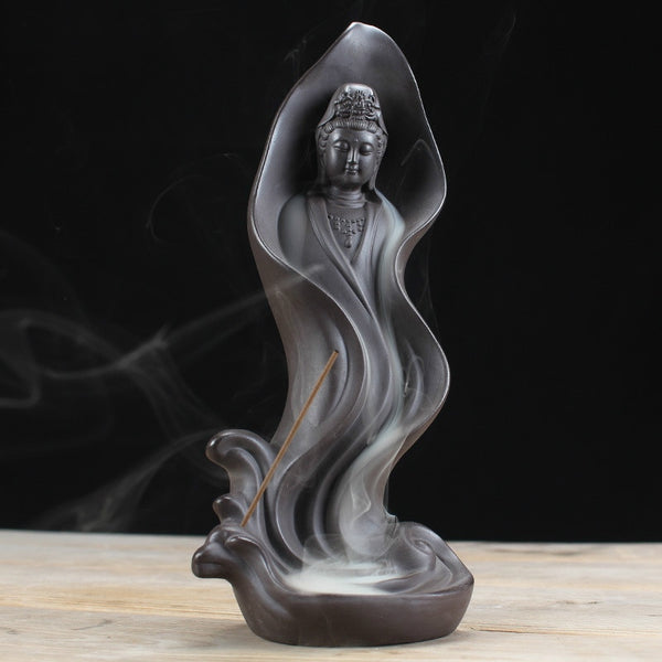 T New Ceramic Backflow Incense Burner Guanyin Buddhist Decoration Waterfall Stick Holder Quemador Incienso Teahouse Home Decor