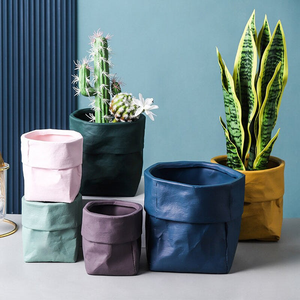 Home Garden Nordic Ins Ceramic Kraft Paper Bag Flower Pot Green Plant Potted Creative Home Green Succulent Cactus Flower Pot