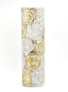 Gold and white roses decorated vase | Glass vase for flowers | Cylinder Vase | Interior Design | Home Decor | Large Floor Vase 16 inch