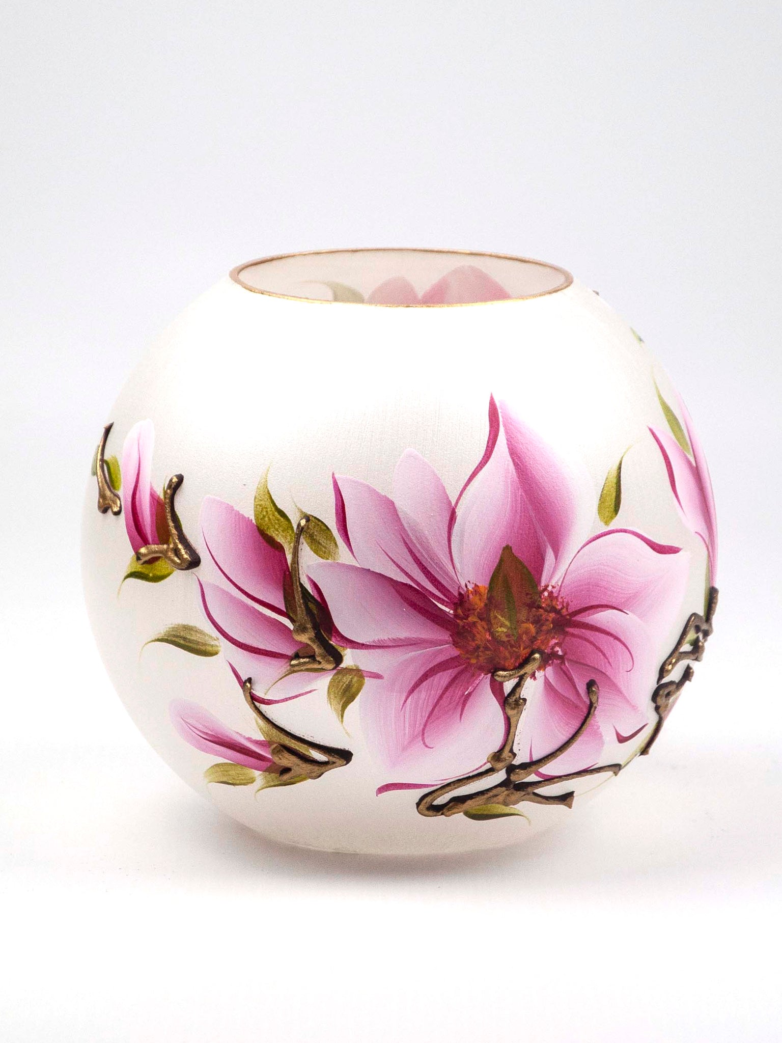 Handpainted Glass Vase | Painted Pink Flowers Art Glass Round Vase | Interior Design Home Room Decor | Table vase 6 inch