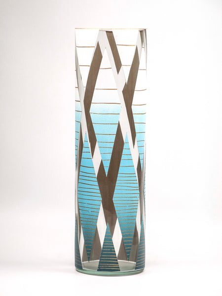 Blue rhombus decorated  glass vase | Glass vase for flowers | Cylinder Vase | Interior Design | Home Decor | Large Floor Vase 16 inch