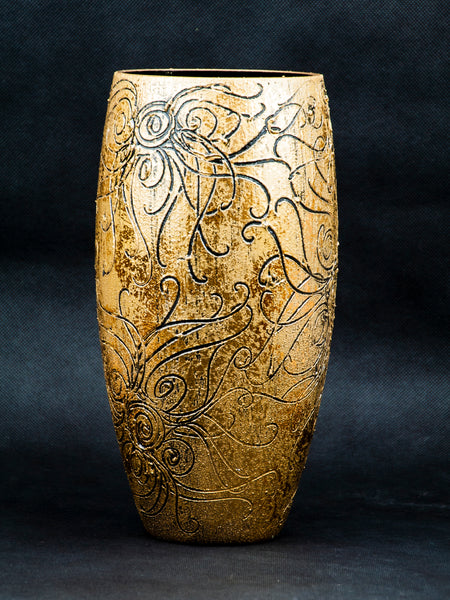 Gold Handpainted Glass Vase for Flowers | Painted Art Glass Oval Vase | Interior Design Home Decor | Vintage Table vase 12 inch.