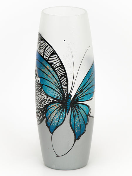 Blue butterfly floor Vase |  Large Handpainted Glass Vase for Flowers | Room Decor | Floor Vase 16 inch