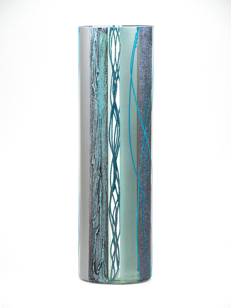 Handmade decorated vase | Blue Glass vase for flowers | Cylinder Vase | Interior Design | Home Decor | Large Floor Vase 16 inch