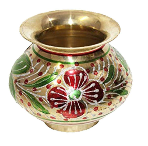 Decorative Round Heavy Brass Kalash for Pooja | Handicraft Home Decor Designer Red Lota - Pooja, Festival, Diwali, Home Decoration | Karwa Chauth Lota