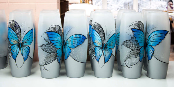 Blue butterfly floor Vase |  Large Handpainted Glass Vase for Flowers | Room Decor | Floor Vase 16 inch
