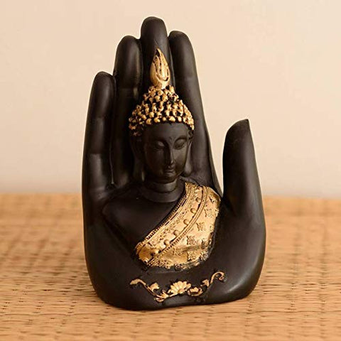 Palm Buddha Idol Statue Showpiece for Home Decoration (Black & Gold)