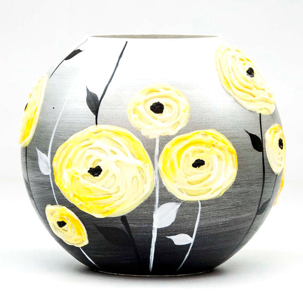 Handpainted Glass Vase for Flowers | Painted Art Glass Yellow Round Bubble Vase | Interior Design Home Room Decor | Table vase 6 inch