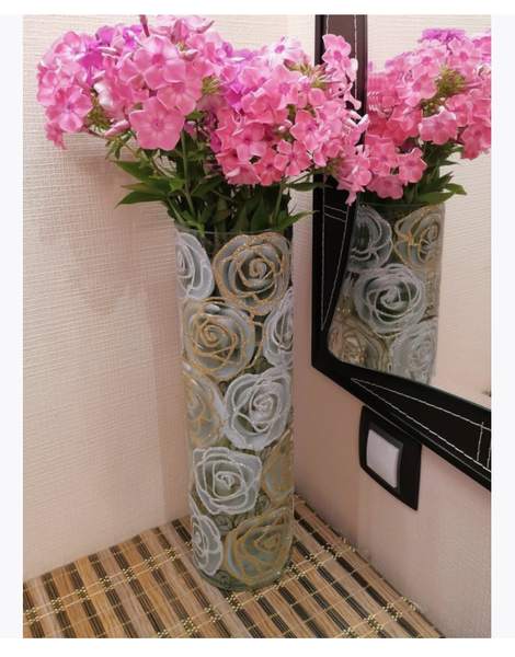 Gold and white roses decorated vase | Glass vase for flowers | Cylinder Vase | Interior Design | Home Decor | Large Floor Vase 16 inch
