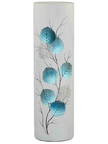 Sky-blue leaves handmade decorated vase | Glass vase for flowers | Cylinder Vase | Interior Design | Home Decor | Large Floor Vase 16 inch