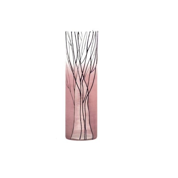Tree on pink | Art decorated glass vase | Glass vase for flowers | Cylinder Vase | Interior Design | Home Decor | Large Floor Vase 16 inch