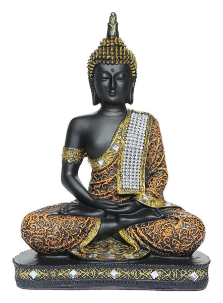 Sitting Buddha Idol Statue Showpiece for Home Decoration and Gifting (Orange and Black)