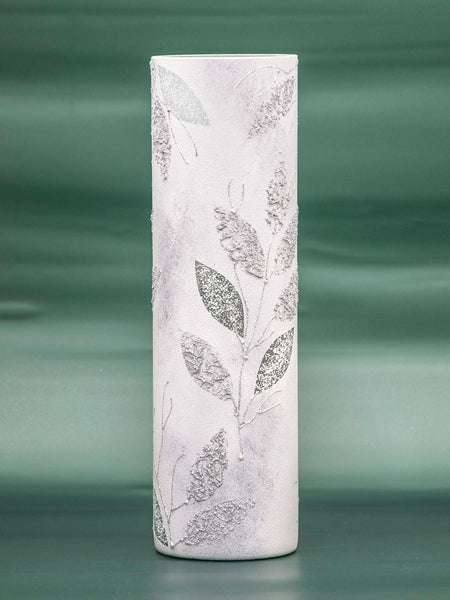 Silver leaves | Handmade art glass vase | Glass vase for flowers | Cylinder Vase | Interior Design | Home Decor | Large Floor Vase 16 inch