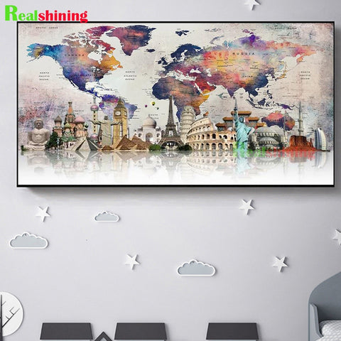 large 5d diy diamond painting colorful world map full square round big ben architecture diamond embroidery Cross Stitch N1809|Diamond Painting Cross Stitch|