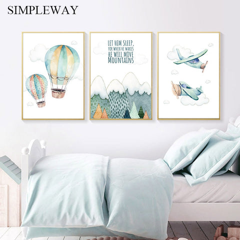 Child Adventure Poster Print Watercolor Artwork Airplane Balloon Canvas Painting Wall Picture Nordic Kids Boy Bedroom Decoration