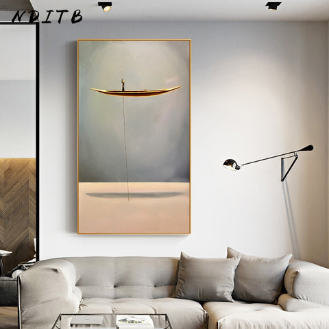 Golden Boat Modern Abstract Canvas Painting Minimalist Landscape Artwork Poster Print Nordic Wall Art Picture Living Room Decor