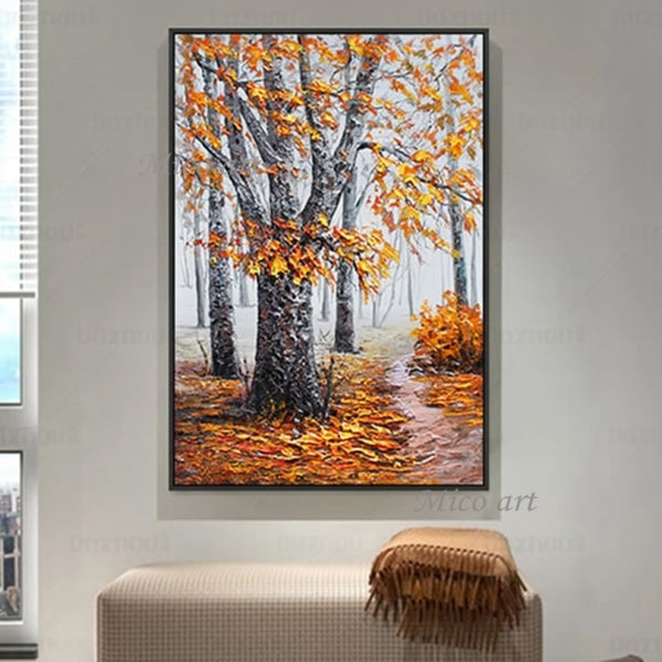 Latest  Cheap Landscape Knife Thick Oil Painting Wall Canvas Birch Tree Art Picture Modern Canvas Artwork For Living Room Decor