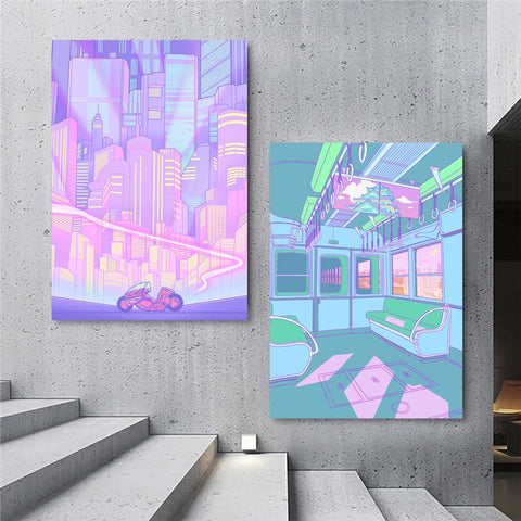 Wall Art Home Cartoon House Street Decor Canvas Print Painting Moon Car Modern Poster Living Room Modular Pictures Frame Artwork