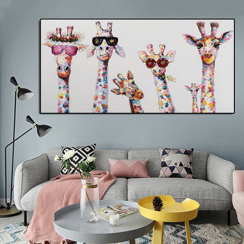 Graffiti Art Animal Canvas Painting Curious Giraffes Family Poster Prints Decorative Picture Graphic Artwork for Kids Room Decor