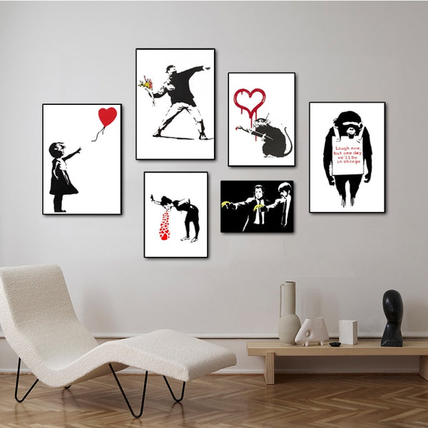 Banksy Graffiti Artwork Canvas Painting Girl With Red Balloon Poster Black White Abstract Wall Pictures for Nordic Home Decor