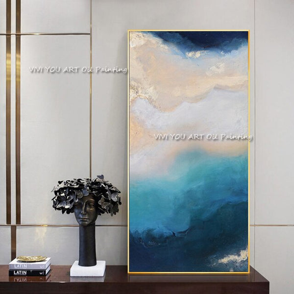 Large Handmade thick knife abstract oil painting Gold Blue White gorgeous abstract Painting home Living Room Decor Artworks