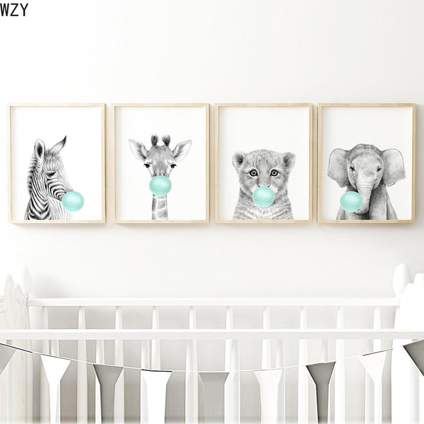Teal Bubble Elephant Giraffe Child Poster Animal Wall Art Canvas Baby Room Decoration Picture Nursery Print Painting Nordic Kid