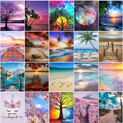 Full Circle Diamond Painting Moon Tree 5D Handmade Diamond Embroidery Unicorn Mosaic Seaside Landscape Art Kit Home Decoration