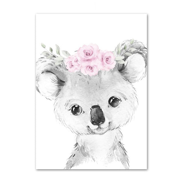 Custom Baby Name Nursery Poster Personalized Canvas Painting Print Pink Flower Animals Wall Art for Girls Bedroom Pictures Decor