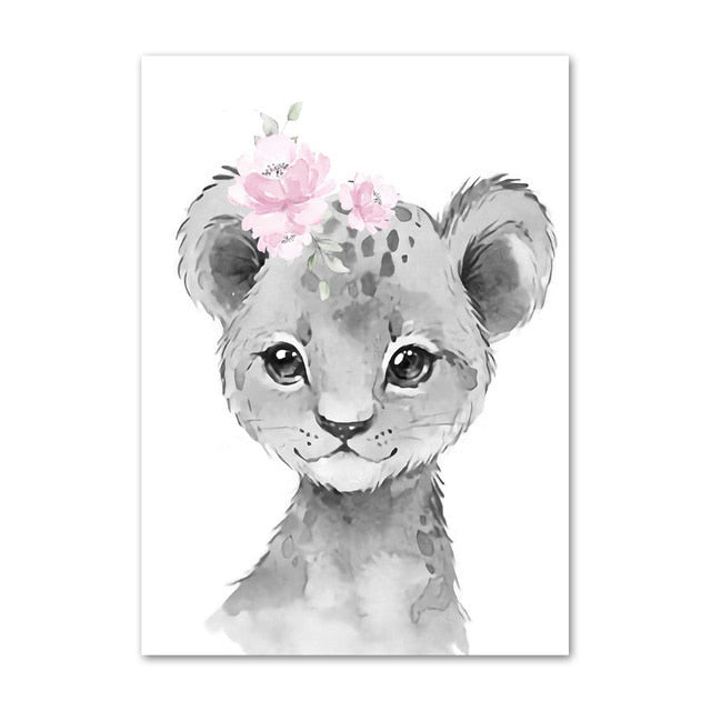 Custom Baby Name Nursery Poster Personalized Canvas Painting Print Pink Flower Animals Wall Art for Girls Bedroom Pictures Decor