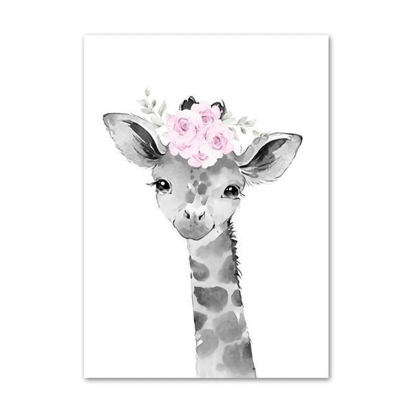 Custom Baby Name Nursery Poster Personalized Canvas Painting Print Pink Flower Animals Wall Art for Girls Bedroom Pictures Decor