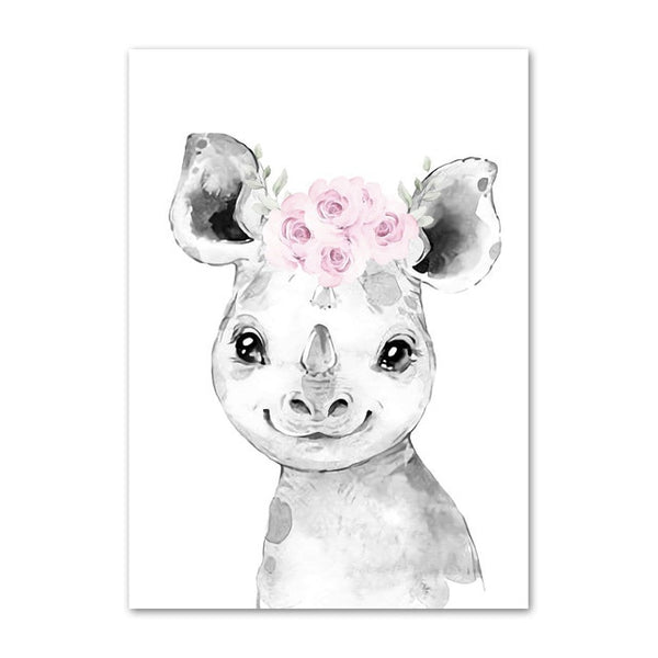 Custom Baby Name Nursery Poster Personalized Canvas Painting Print Pink Flower Animals Wall Art for Girls Bedroom Pictures Decor