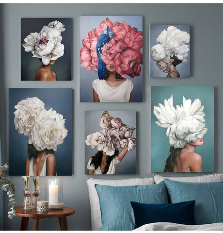 Decorative Painting Living Room Home Decoration Flowers Feathers Woman Abstract Canvas Painting Wall Art Print Poster Picture