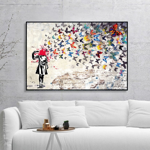 Banksy Artwork Girl with Butterfly Canvas Paintings on The Wall Abstract Horse Riding Pictures Prints for Modern Home Room Decor
