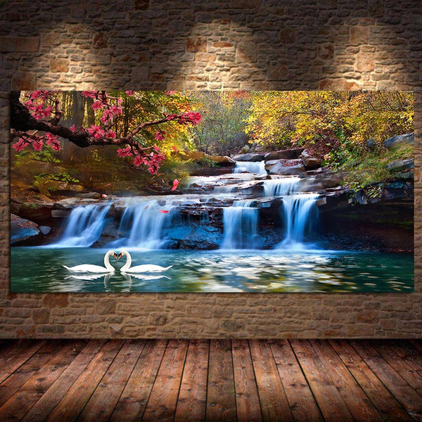 Home Decoration Waterfall Woods Swan Canvas Painting Posters and Prints Wall Art for Living Room Office Artwork Cuadros Unframed