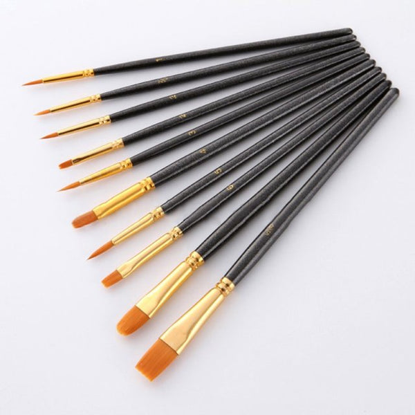 Artist Paint Brush Set 10Pcs High Quality Nylon Hair Wood Black Handle Watercolor Acrylic Oil Brush Painting Art Supplies