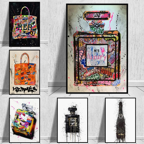 Modern Perfume Bottle Graffiti Canvas Painting Fashion Wall Art Poster and Prints Luxury Artwork Pictures for Room Decor Cuadros