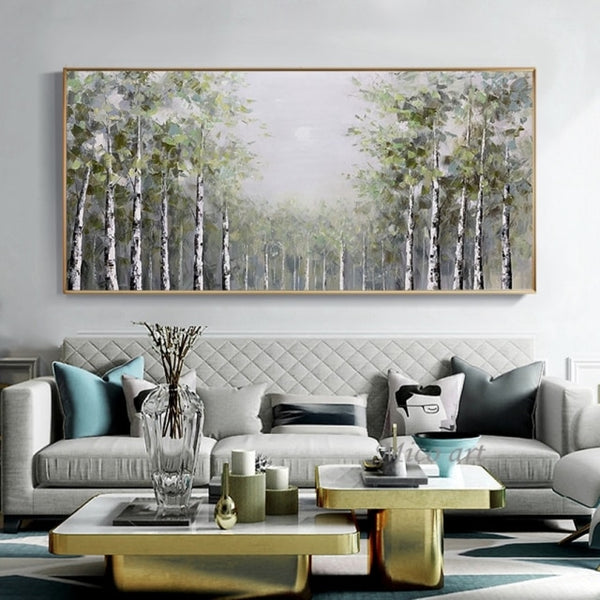 Latest  Cheap Landscape Knife Thick Oil Painting Wall Canvas Birch Tree Art Picture Modern Canvas Artwork For Living Room Decor