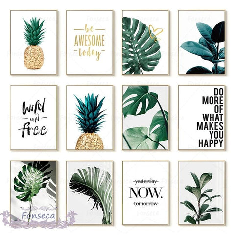 Nordic Golden Pineapple Green Leaves Canvas Painting Wall Art Motivational Quotes Poster Tropical Plant Pictures For Living Room
