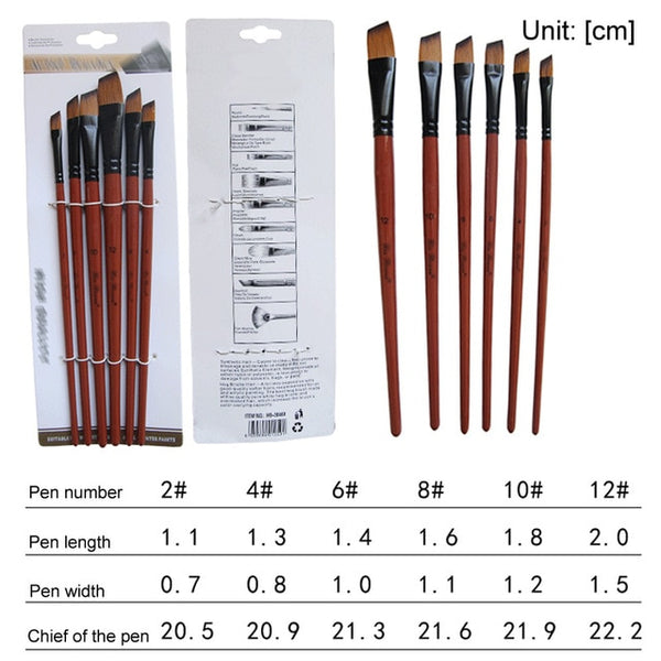 Art Model Paint Nylon Hair Acrylic Oil Watercolour Drawing Art Supplies Brown 6 Pcs Painting Craft Artist Paint Brushes Set|Paint By Number Pens & Brushes|