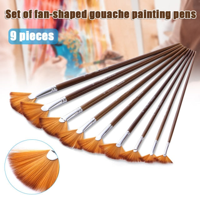 9 Pieces Fan Brushes Set Nylon Hair Wood Long Handle Paint Brush For Acrylic Watercolor Oil Painting Art Supplies For Artist|Paint Brushes|